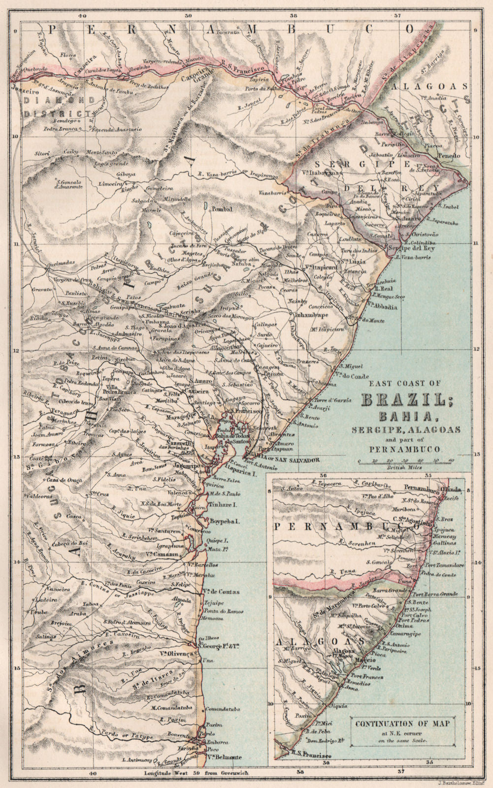 BRAZIL COAST. Salvador de Bahia Sergipe Alagoas Pernambuco. BARTHOLOMEW 1886 map